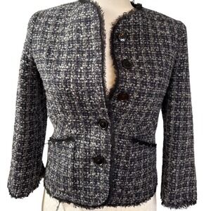 Tristan Womens Tweed Blazer XS Navy Textured Frayed Jacket Career Occasion Chic
